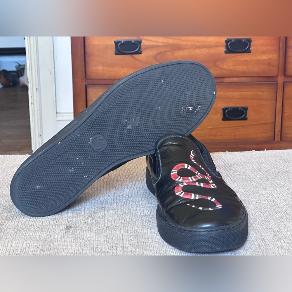 Gucci Snake Design Black Leather Men’s Slip-On Sneakers Size 12 G - Picture 8 of 13
